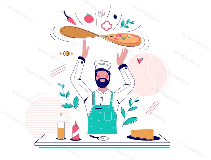 Man in chef hat and apron tossing pizza dough, vector flat illustration. Restaurant cook making italian pizza. Pizzeria business concept for web banner, website page etc.
