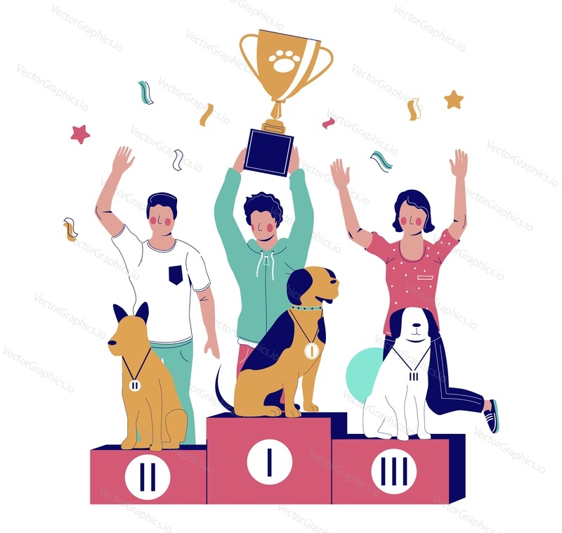Dogs with winning medals sitting on winner pedestal and their happy owners celebrating victory, vector flat illustration. Dog contest, show, exhibition concept for poster, banner etc.