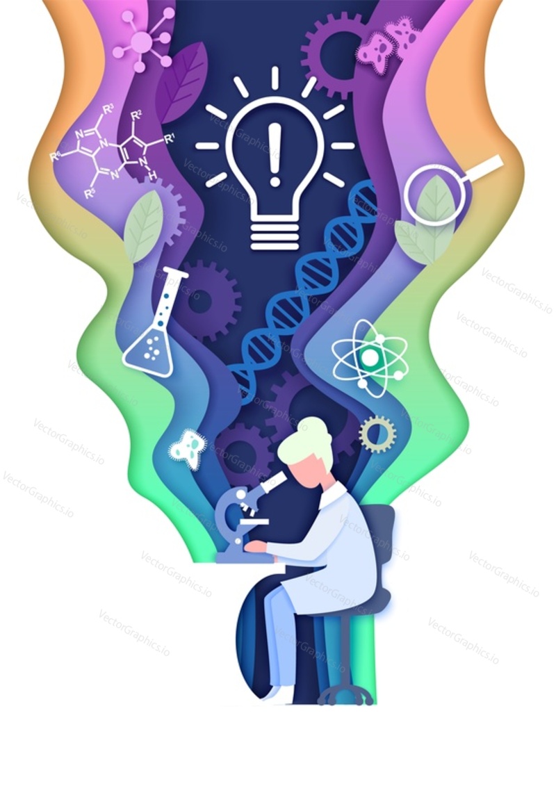 Vector layered paper cut style science learning composition. Science education lab, innovation light bulb, dna research, scientific experiment concept.