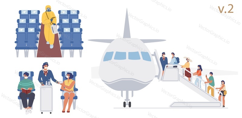 New flight travel rules on board, vector flat illustration. Cleaning and disinfection of aircraft cabin surfaces. Passengers, flight attendant wearing face masks during boarding procedure and travel.