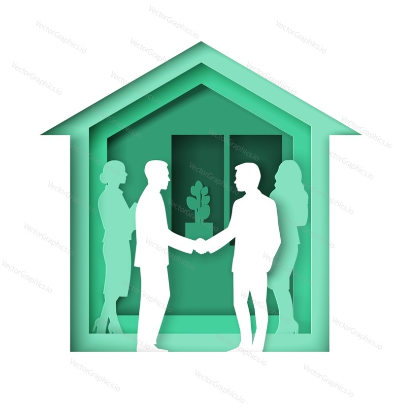 House building with business people silhouettes. Broker, realtor and customer handshake, vector illustration in paper art style. Business partners shaking hands. Real estate negotiations, good deal.