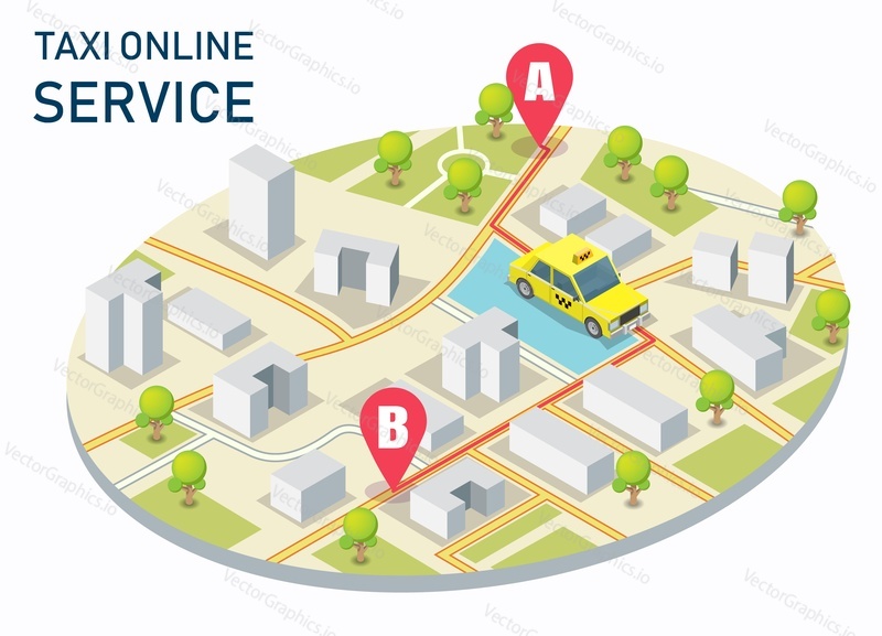 City taxi online service vector concept illustration. Isometric city map with yellow taxicab, location pins. Order taxi online, navigation mobile app.