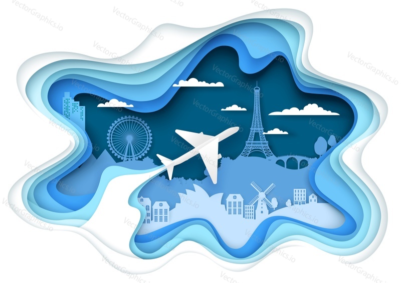 Air travel, vector aerial view layered paper cut style illustration. Plane flying to Paris over city buildings. Worldwide travel, discover new world concept.