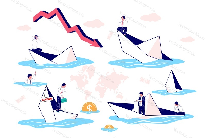 Businessman in leaking sinking paper boat cartoon character set, vector flat isolated illustration. Business bankruptcy, financial crisis, business failure, economic collapse.