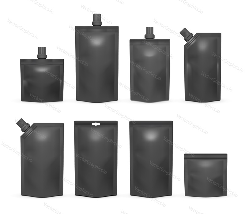 Black doypack mockup set, vector illustration isolated on white background. Realistic blank doypack plastic bag, food and drink packaging stand up pouch bag templates.