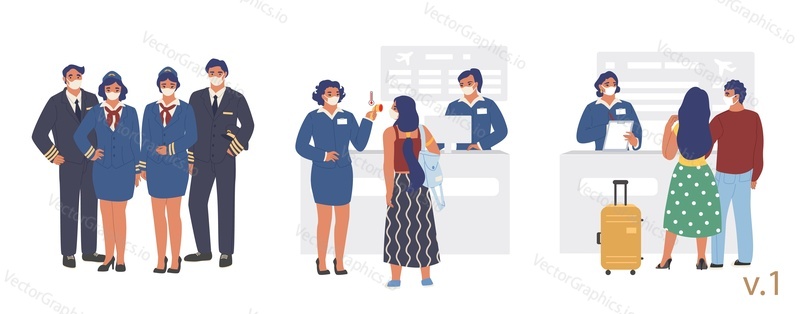 New flight travel rules at airport terminal check-in, vector flat illustration. Pilots stewardesses passengers wearing face masks, health thermal screening. Covid-19 spread prevention during travel.
