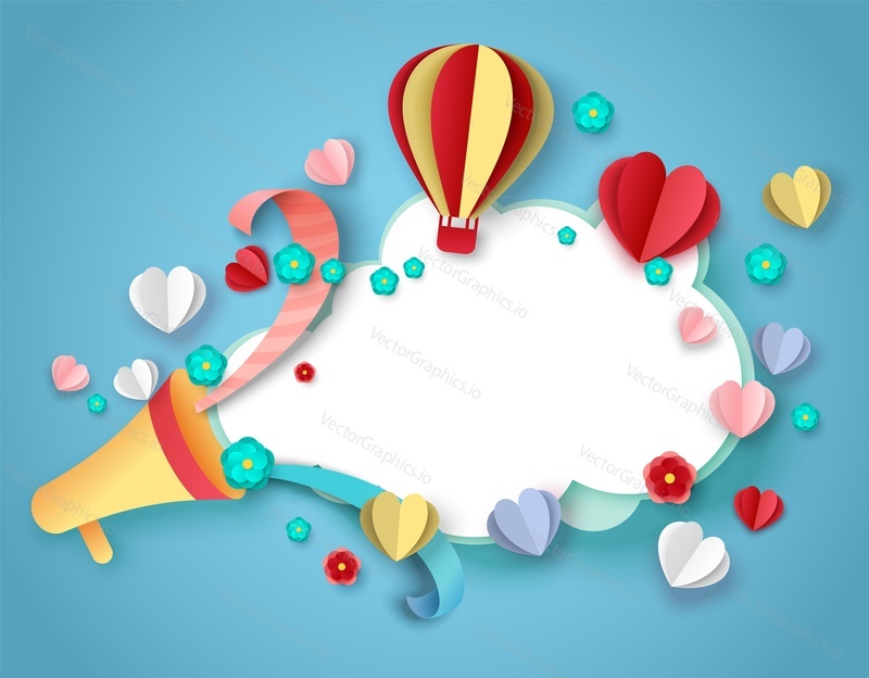 Paper cut hearts, hot air balloons, flowers, ribbons flying out of megaphone. Vector illustration in paper art craft style. Happy Valentines Day background with copy space.