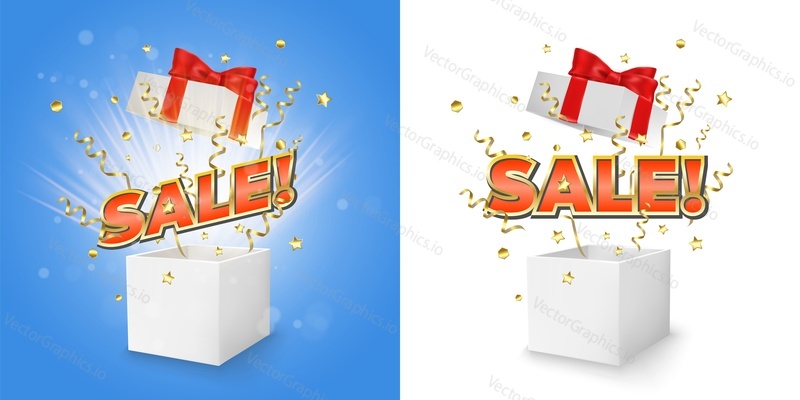 Sale gift boxes, vector isolated illustration. Realistic white open boxes with red ribbon, golden serpentine and confetti explosion. Discounts, sales and marketing concept for banner, poster etc.