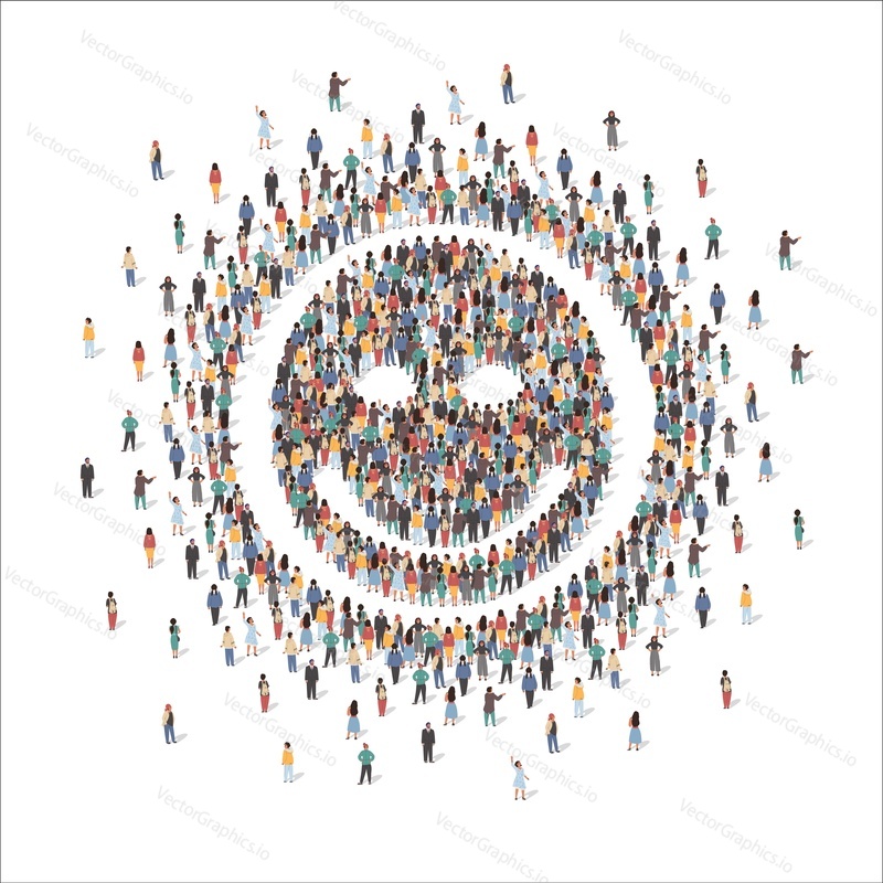 Large group of people forming human smile shape symbol standing together, flat vector illustration. People crowd gathering. Smiling emoticon, emoji, joy and happiness symbol.