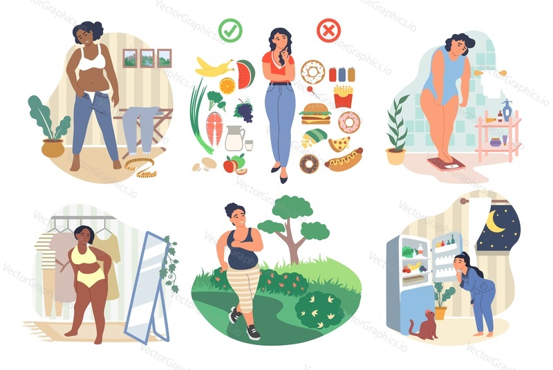 Overweight female character set, vector flat isolated illustration. Plus size girls in front of mirrors, on scales. Unhappy women suffering from obesity. Weight problems and diet, obesity depression.