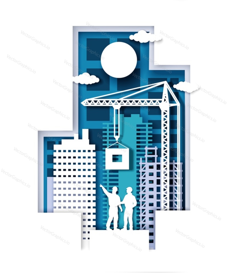 Paper cut craft style construction site with crane, skyscraper buildings, builder workers silhouettes, vector illustration. Construction industry.