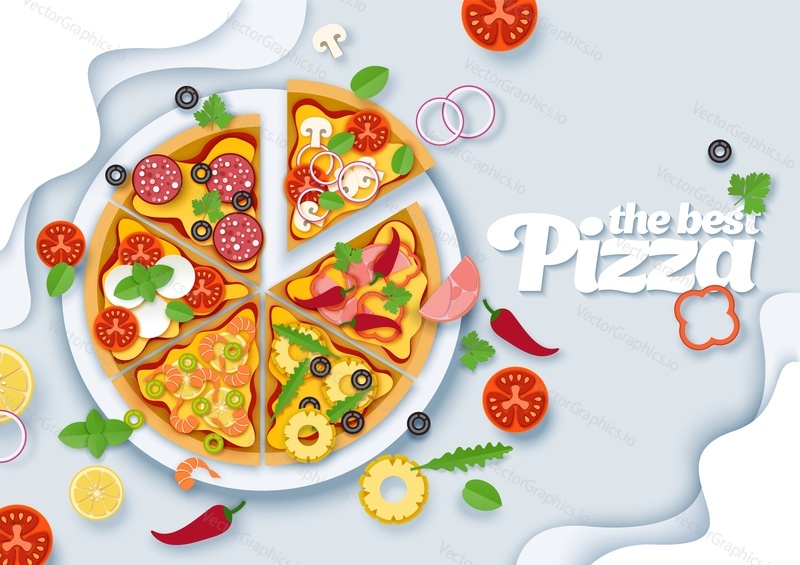 Delicious italian pizza. Vector layered paper cut style top view illustration. Different types of pizza slices with salami, cheese, tomatoes, mozzarella, mushrooms, pineapples, olives, seafood.