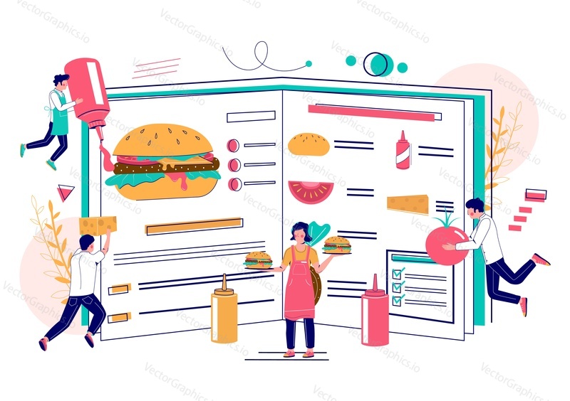 Burger book and chefs cartoon characters cooking big delicious hamburger, vector flat illustration. Fast food restaurant cooks in uniform preparing and serving tasty snack food, burger with cheese.