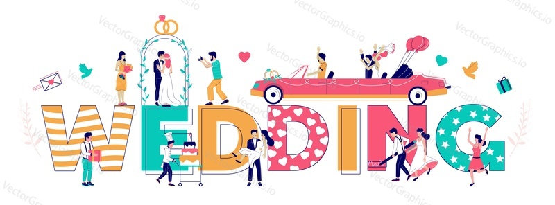 Wedding typography banner template, vector flat illustration. Happy bride and groom, guests, chef with big cake, arch, photographer taking photo of newlyweds, just married couple riding wedding car.