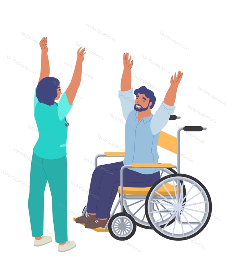 Rehabilitation center. Patient in wheelchair doing physical exercises together with physiotherapist, nurse, flat vector illustration. Physiotherapy treatment of people with injury or disability.