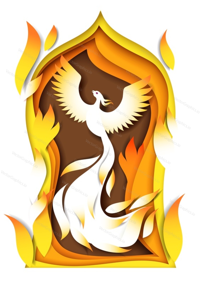 Vector layered paper cut style fairytale composition. Firebird, magical and prophetic bird, Russian fairy tales and Slavic mythology character. Beautiful fairytale scene in white yellow orange colors.
