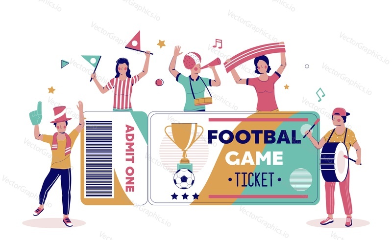 Football game ticket and happy people sports fans cheering for their favorite team, vector flat illustration. Soccer championship or football tournament poster, banner template.