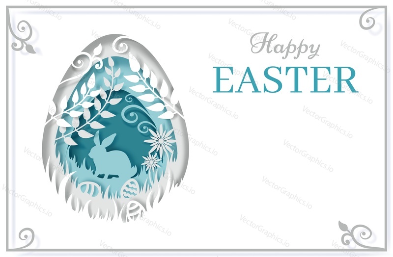 Поздравительная открытка с Пасхой, плакат, шаблон баннера. Векторное многослойное пасхальное яйцо в стиле вырезки из бумаги с кроликом, листьями, цветами и яйцами внутри.