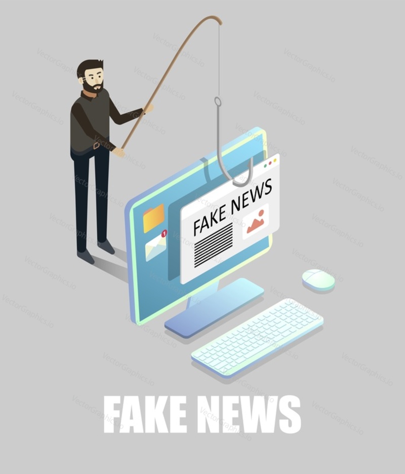 Fake news, disinformation or hoaxes, flat vector isometric illustration. False information on social media or fake news websites.