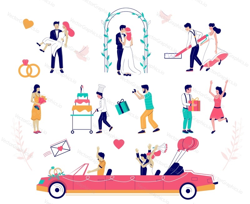 Wedding ceremony character set, vector flat isolated illustration. Bride and groom, wedding rings, cake, arche, just married couple in cabriolet, guests. Wedding organizer service, party celebration.