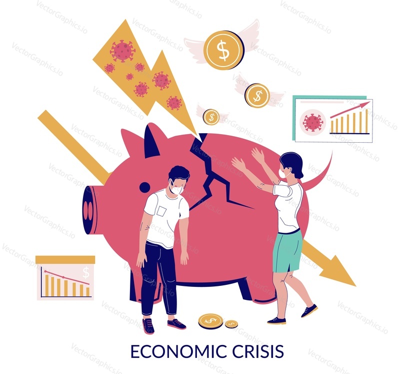 Экономический кризис, вызванный пандемией коронавируса, векторная плоская иллюстрация. Разбитая копилка и отчаявшиеся деловые люди, терпящие финансовые потери. Глобальный финансовый кризис, экономический крах.
