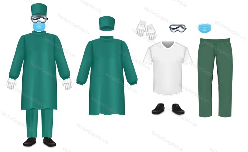 Bacteriological protective suit set, vector illustration. Hospital, emergency medical staff sanitary clothing. Green protection suit. Nursing scrub, hat, mask, underscrub tee, shoes, goggles gloves.