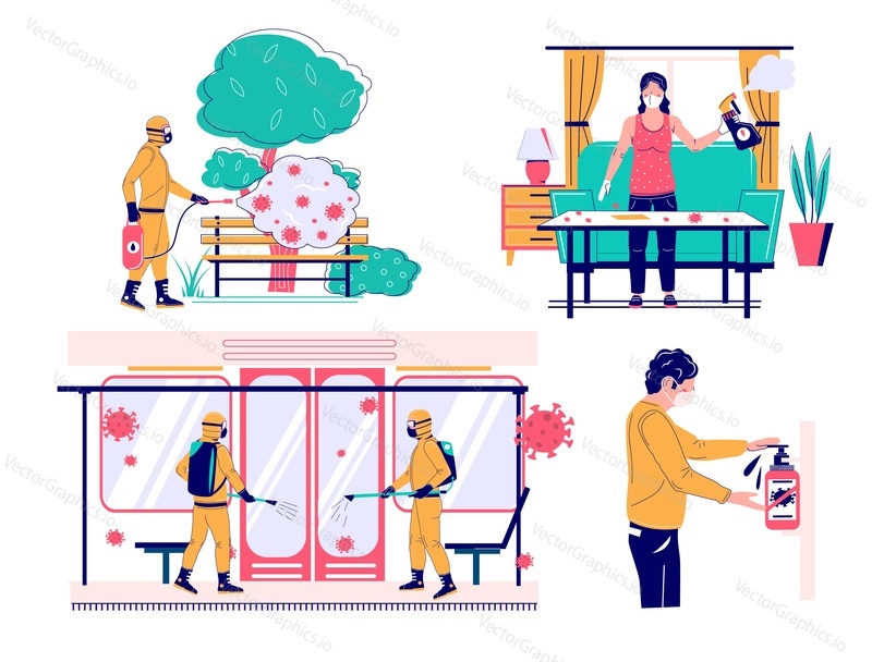 Coronavirus disinfection hygiene scene set, vector flat isolated illustration. People washing hands with soap, cleaning home and outdoor surfaces with disinfectants. Coronavirus disinfection services.