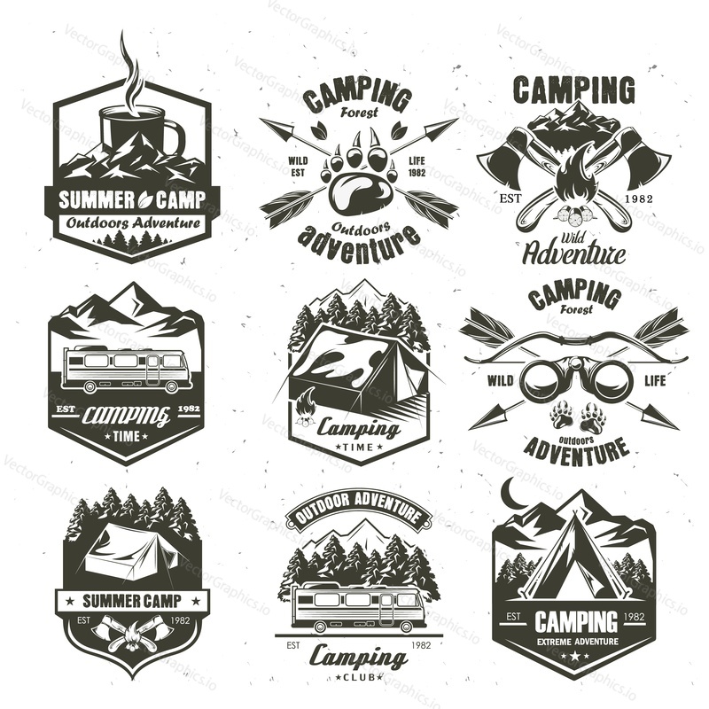 Camping vintage logo, badge, emblem set, vector monochrome illustration. Camping time, summer camp, extreme outdoor adventure black labels isolated on white background.