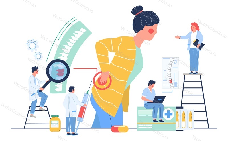 Osteopathy session and treatment. Woman suffering from back pain, visiting doctor osteopath, flat vector illustration. Tiny osteopathic doctor characters examining patient spine. Alternative medicine.