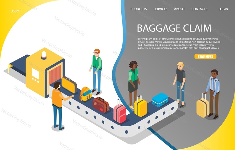 Airport baggage claim vector website template, landing page design for website and mobile site development. Isometric travelers getting luggage after arrival. Baggage carousel, conveyor belt.