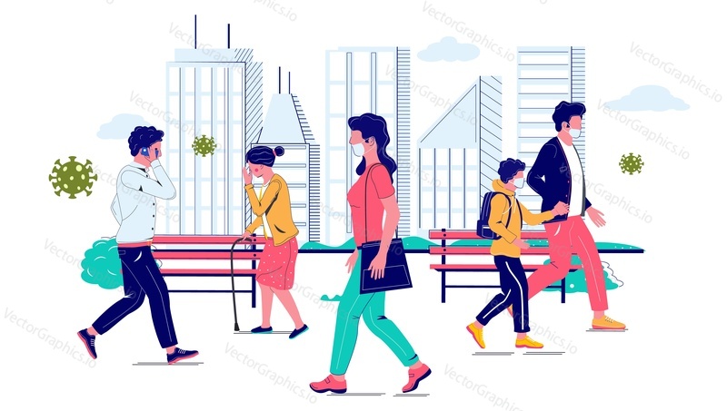 People walking along the street during corona virus pandemic, vector flat illustration. Concept of restrictions on people mobility, movement to stay healthy and prevent COVID-19 virus disease spread.