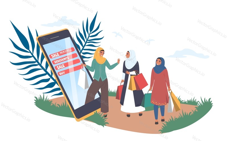 Happy muslim women shopping online,