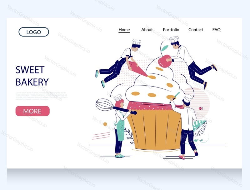 Sweet bakery vector website template, web page and landing page design for website and mobile site development. Micro characters decorating big cupcake with berries. Bakery, confectionery, cake shop.