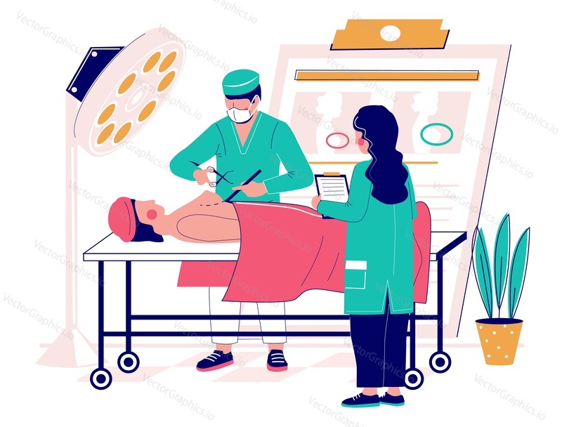 Breast augmentation vector concept flat style design illustration. Surgeon working on woman breast size, shape and beauty. Plastic surgery procedure of breast reconstruction.