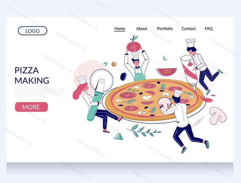 Pizza making vector website template, web page and landing page design for website and mobile site development. Pizzeria restaurant chefs making huge italian pizza with salami, mushrooms and tomatoes.