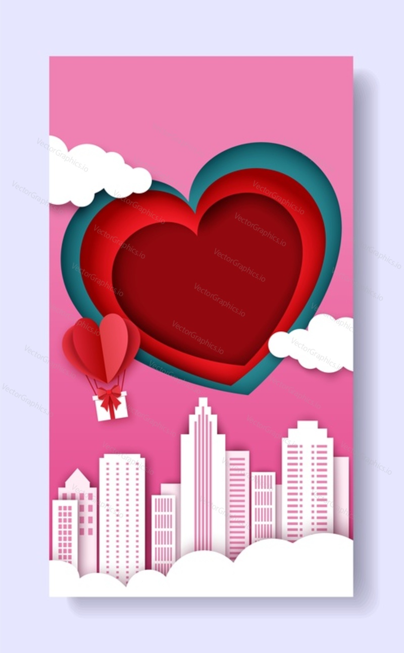 Valentines Day social media story, post, photo frame vector template. Big layered paper cut heart and hot air balloon with gift flying over city. Creative composition for poster, banner, cover, card.