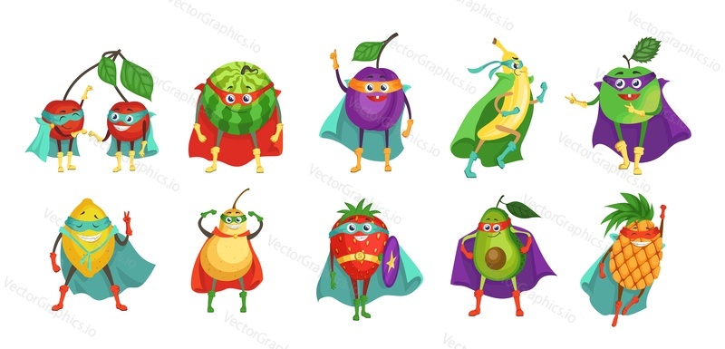 Funny superhero fruit and berry cartoon character set, flat vector illustration. Cute cherry, plum, banana, apple, strawberry, watermelon, lemon, pear, avocado, pineapple in super hero cape and mask.