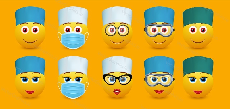 Doctor emoticon set, vector isolated illustration. Medical professional yellow emoji character wearing surgical scrub hat, medical face mask.