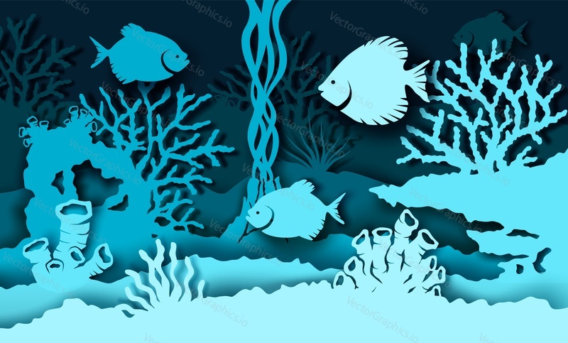 Vector layered paper cut style deep ocean bottom landscape with coral reef, fish, seaweed. Beautiful underwater world in public aquarium in paper art craft style. Underwater sea walk attractions.