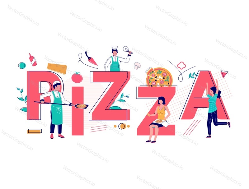 Pizza typography banner template, vector flat illustration. Fast food restaurant cafe chefs cooking, slicing and people eating delicious italian pizza. Pizzeria business concept.