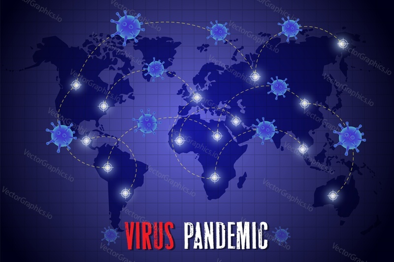 Virus epidemic 2020 spreading the world vector poster. Coronavirus respiratory disease prevention, panic and awareness. Corona virus pathogen germ background. Medical banner template