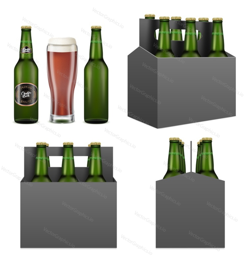 Dark beer pack mockup set, vector illustration isolated on white background. Realistic beer bottles, mug and six pack cardboard box with handle full of bottled alcoholic beverage.