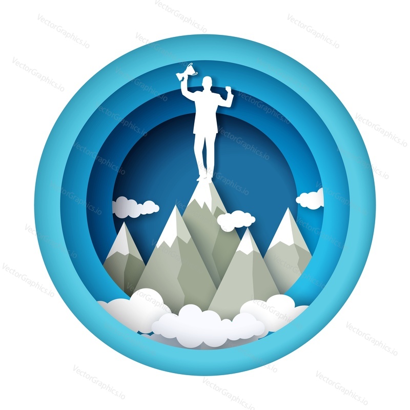 Business man silhouette with trophy award standing on mountain peak, vector illustration in paper art style. Business success, achievements, career growth, leadership.