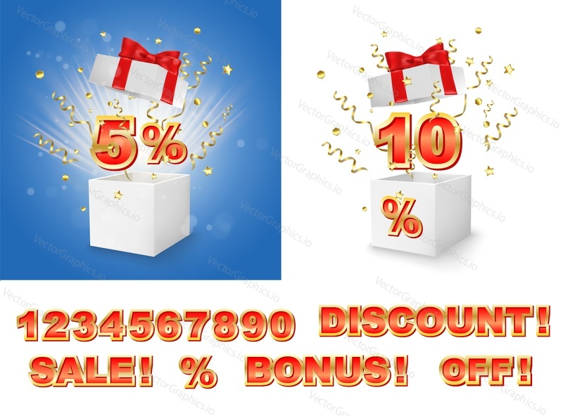 Sale gift box construction. White open box with red ribbon, gold serpentine and confetti explosion, vector illustration. Discounts, sales, special offers, bonuses loyalty program marketing strategy.