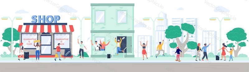 Shop reopening after coronavirus quarantine, happy people leaving house walking in the park, vector flat illustration. Characters removing medical face masks and throwing them away. End of quarantine.