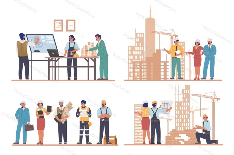Architects and engineers working on architecture project of modern city buildings flat vector illustration set. Professional construction engineer services, building industry, construction development