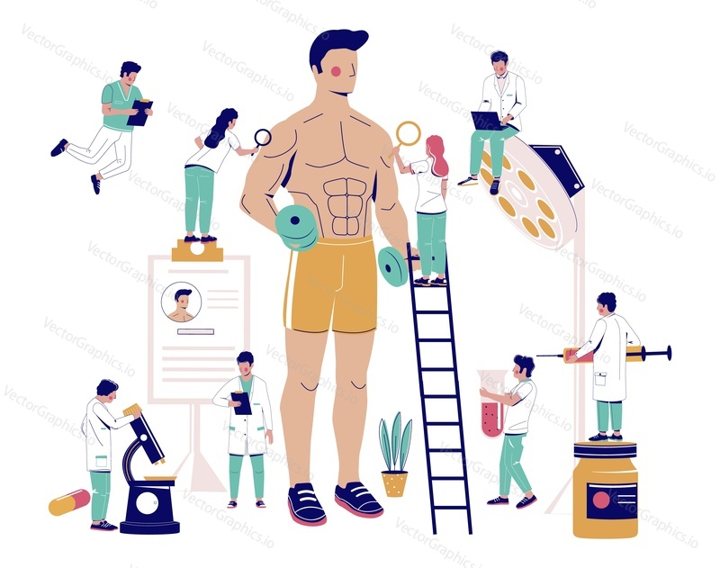 Sports medicine. Tiny doctors examining huge patient athlete, bodybuilder in office, hospital, flat vector illustration. Sports medical check up, examination.