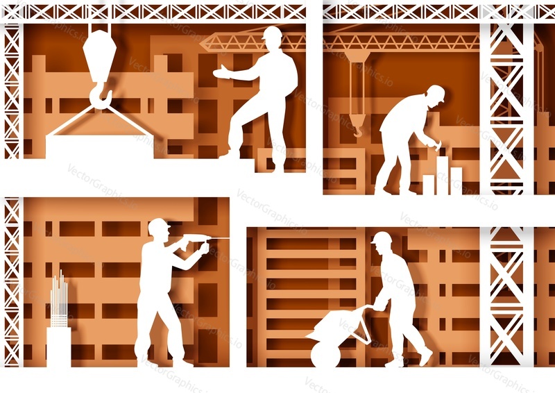 Different construction workers silhouettes, vector illustration in paper art style. Construction site. Home building industry.