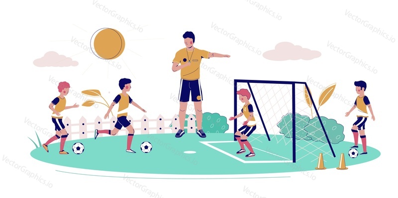 Kids soccer school, vector flat illustration. Coach teaching children to play soccer game on field. Football coaching, children soccer training.
