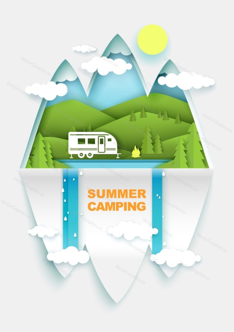 Summer camping, vector poster banner template. Layered paper cut style forest hills, camper trailer and campfire on lake or river bank. Caravan camping, summer recreation.